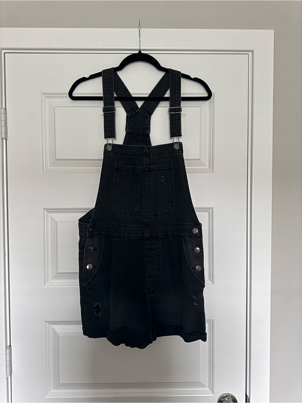 Black Denim Short Overalls